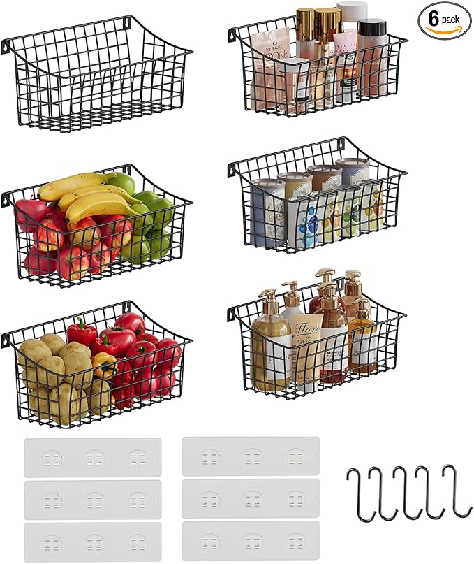 Sonyabecca 6 Pack Hanging Wall Basket for Organizing, Large Wire Basket for Storage Pantry with 5 S Hook+6 Adhesive Hook, Wall Mounted Shelf for Kitchen Bathroom
