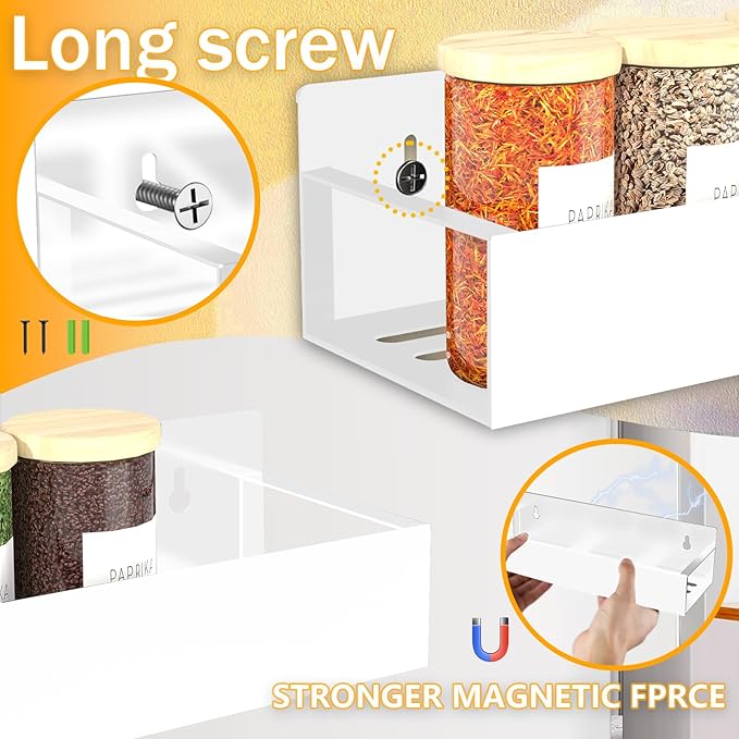 Magnetic Spice Rack Organizer for Fridge Seasoning Organizer for Kitchen storage with Screw Magnetic Shelf for Refrigerator and Oven (6pack-White)