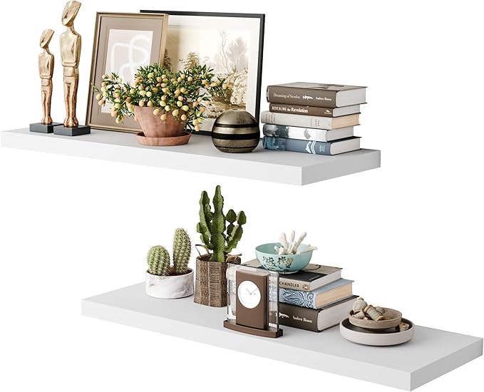 36 Inch Long Floating Shelves for Wall, White 12 Inch Deep Floating Shelves Set of 2, Wall Shelves for Bathroom Over Toilet, Live Edge Display Shelf with Invisible Brackets for Home Decor