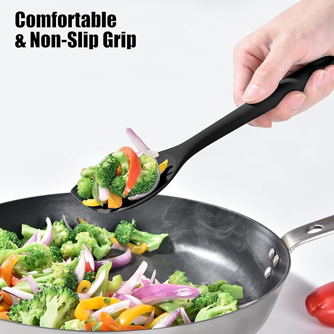 Doosu Silicone Spoon Spatula Set of 2, 600ºF Heat-Resistant Food Grade Rubber Spoonula with Seamless Design, Non-Stick Dishwasher Safe Kitchen Utensils for Cooking, Baking, Mixing, Scraping (Black)