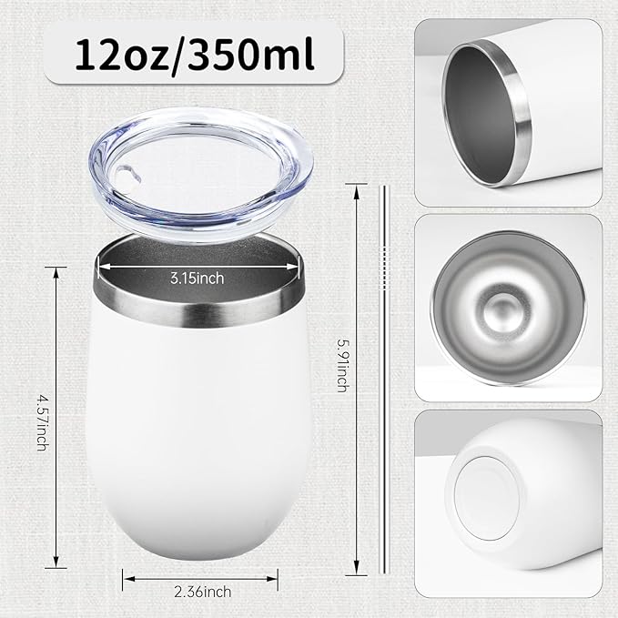 12oz/4 Pack Stainless Steel Wine Tumbler with Lids, Double WallVacuum Stainless Steel Travel Tumbler,Insulated Wine GlassesTravel Tumbler for Cold & Hot Drinks,Cup for ChampaignCoffee(white+Blue)