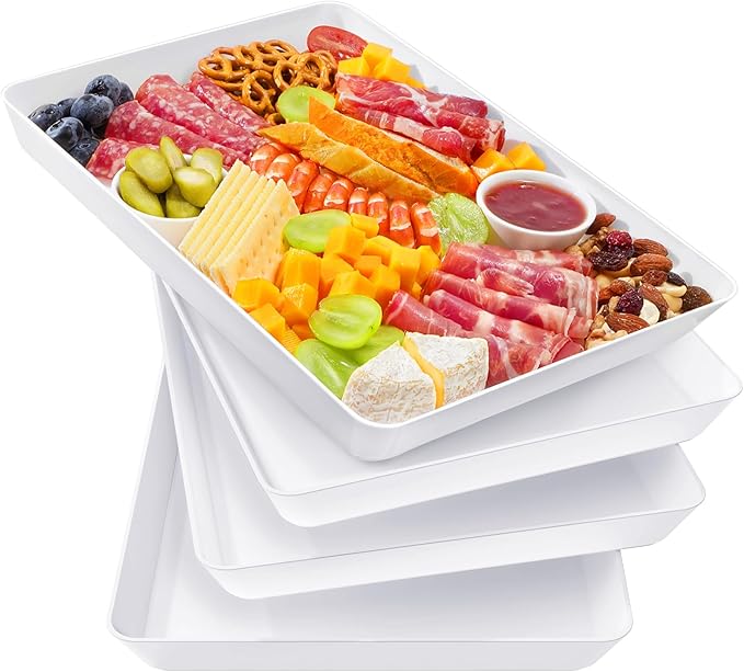 Lifewit 4 Pcs Plastic Serving Tray for Party Supplies, 16" x 12" White Trays for Serving Food, Reusable Extra Large Platter for Buffet, Fruit, Dessert, Veggie, Holiday Christmas Essentials, Rectangle