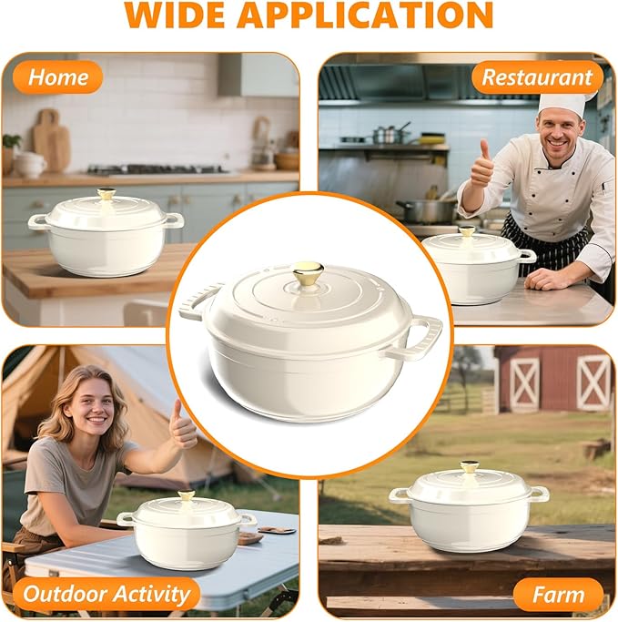 ROVSUN Enameled Cast Iron Round Dutch Oven, 7.5QT Pot with Lid &Dual Handles with Silicone Gloves,Oven Safe up to 500°F, Heavy-Duty Pre-Seasoned Cookware for Bread Baking, Braising, Stews, Roasting,Cream White