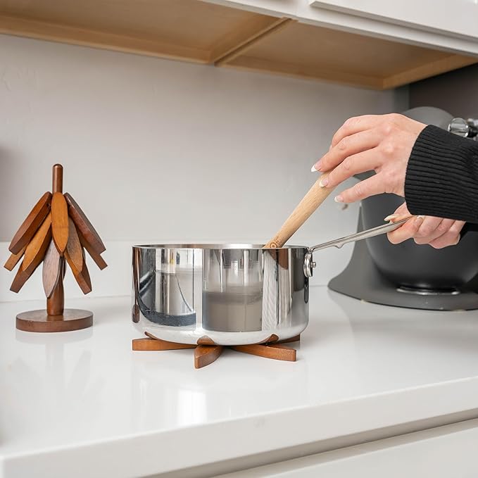 Wooden trivets for hot Dishes – 4 Tree-Shaped Coasters & 1 Stand for Hot Pots, Dishes | Heat-Resistant, Space-Saving Pot Rest & Cozy Kitchen Decor, Tree Trivets for Counter + Special Bonus (Walnut)