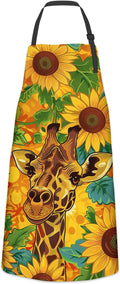 Giraffe and Sunflower Apron for Women Men, Cooking BBQ Chef Polyester Lightweight Floral Giraffe Aprons with Pockets for Baking Kitchen Gardening Cleaning, Adjustable Neck Strap, 28×33inch