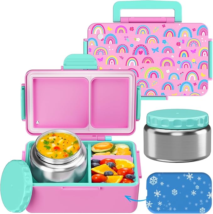 Kids Bento Lunch Box – 12 oz Stainless‑Steel Soup Thermo & 3‑Compartment Leak‑Proof Food Container with Built‑In Ice Pack, Insulated Food Jar for Boys & Girls, School & Travel