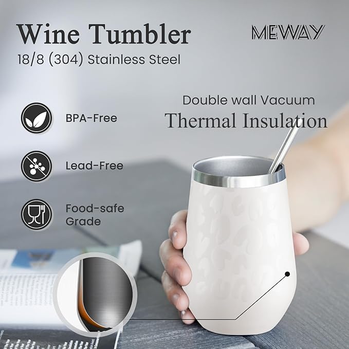 MEWAY 12oz Insulated Wine Tumbler Bulk, Double Wall Vacuum Stainless Steel Travel Tumbler with Straw,12 pack of wine tumbler(Almond Leopard,Set of 12)