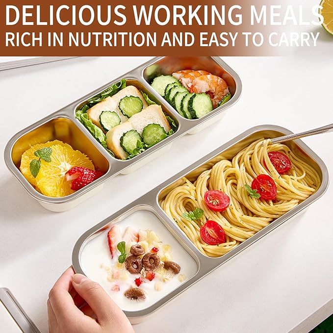 Bento Box Adult Lunch Box with 3 Grids 700ml, Portion Control Food Storage Containers for Healthy Eating Weight Loss, Travel, Work (2pcs)