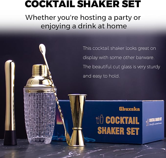 Gold Cocktail Shaker Set - Glass Cocktail Shaker with Strainer - Martini Shaker Set -Matching Cocktail Jigger & Bar Spoon with Muddler – Bartender Kit for Home Bar
