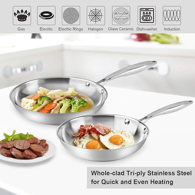 Stainless Steel Frying Pan Set 2 Piece, 8,10 Inch Tri-Ply Frying Pans Non Stick, Pots and Pans Set, Oven 500F & Dishwasher Safe, Classic Cooking Pan Cookware