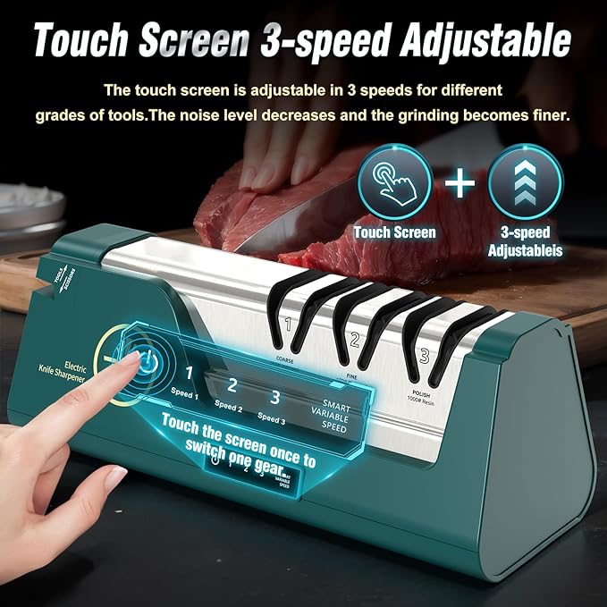 Electric Knife Sharpener with 100% Diamond Abrasives & Precision Angle Guides & 3-Speed Variable & 4-Stage Open Touch-Screen LCD Professional Knife Sharpener for Straight Edge,Serrated,Scissors,Axe