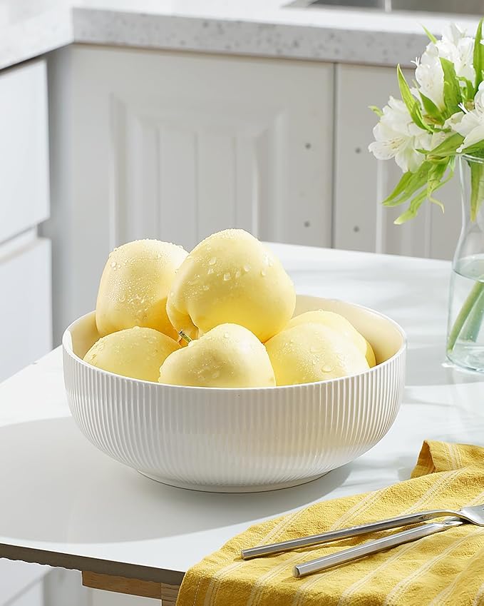 getstar Large Serving Bowls (8 inch & 60 fl oz), Ceramic Salad Bowl Set of 2, Microwave and Dishwasher Safe, Farmhouse Kitchen Decorative Bowls Set (Embossed Checks & Stripes)