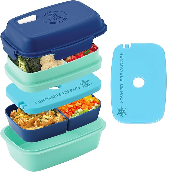 Ultimate Bento Box - Lunch Box for Kids & Adults with Removable Ice Pack - Leakproof, Multi-Compartment Food Container with Removable Containers - Microwave & Dishwasher Safe (Blue/Green)