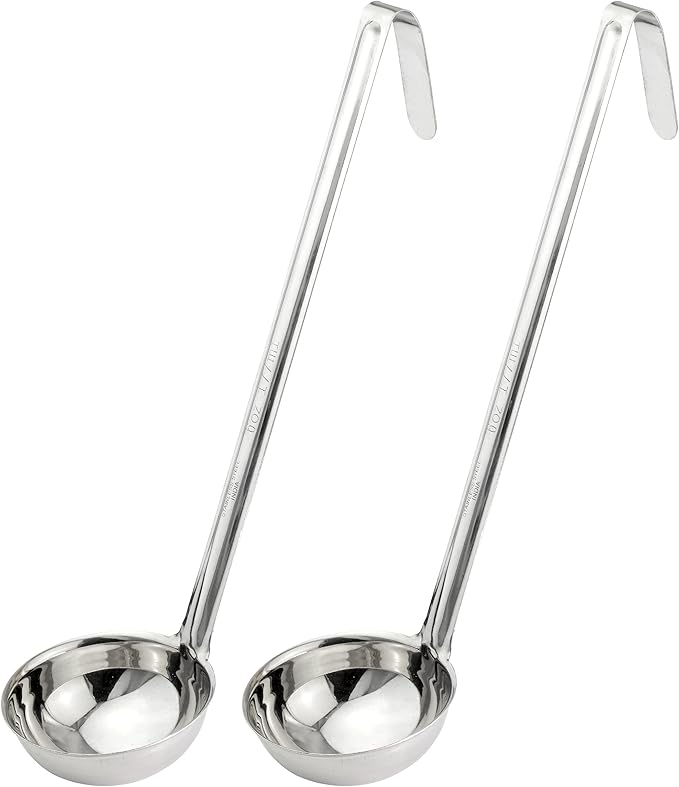 Fit Meal Prep [2 Pack] Stainless Steel Soup Ladle - One-Piece Sauce Spatula with Hook Handles, Commercial Grade Serving Spoon, Kitchen Tool for Restaurant or Home Cooking, Mirror Finish, 14.25" Long