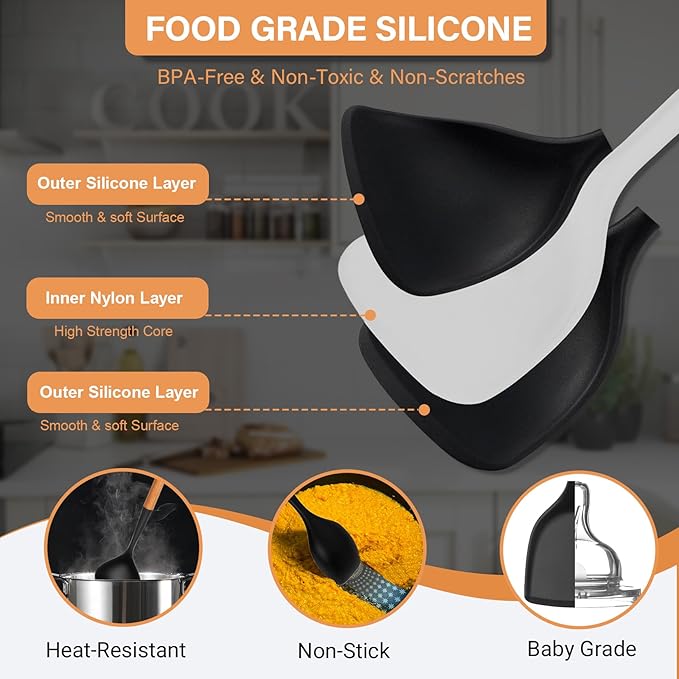 Large Silicone Kitchen Utensils Set, 4 PCS Cooking Utensils Set with Wooden Handle, Heat Resistant Silicone Utensils Kit for Cooking, BPA Free and Nonstick Spatula Set with Turner Spoon Ladle(Black)