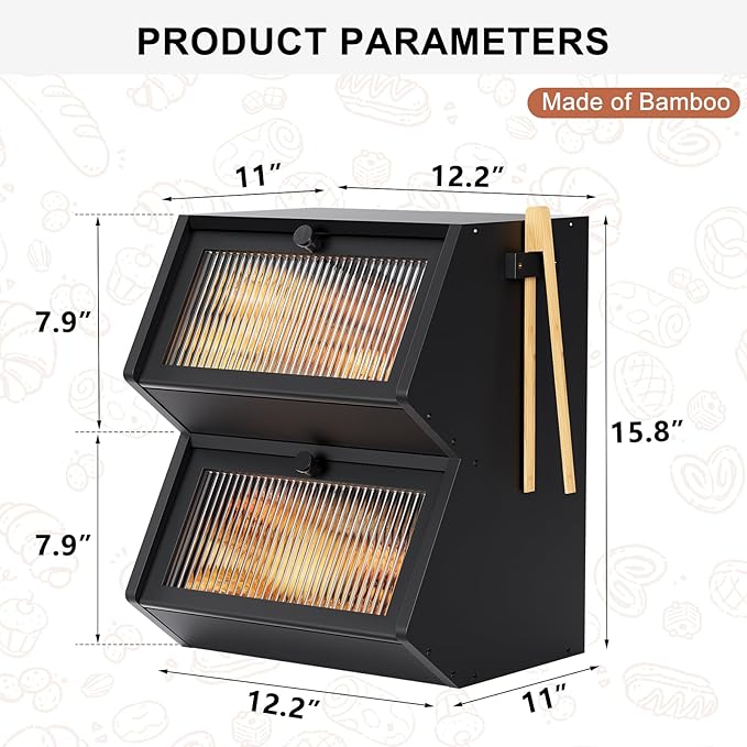 WOWLIVE Double Layer Bread Box for Kitchen Countertop, Large Bamboo Bread Storage Container for Homemade Bread, Farmhouse Bread Holder for Kitchen Counter Cabinet, Pantry, Cupboard (Black, Medium)