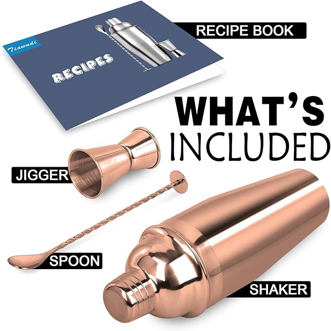 Large 24oz Cocktail Shaker Set, Stainless Steel 18/8 Martini Mixer Shaker with Built-in Strainer, Measuring Jigger & Mixing Spoon, Martini Shaker Set, Perfect for Bartender and Home Use, Rose Gold