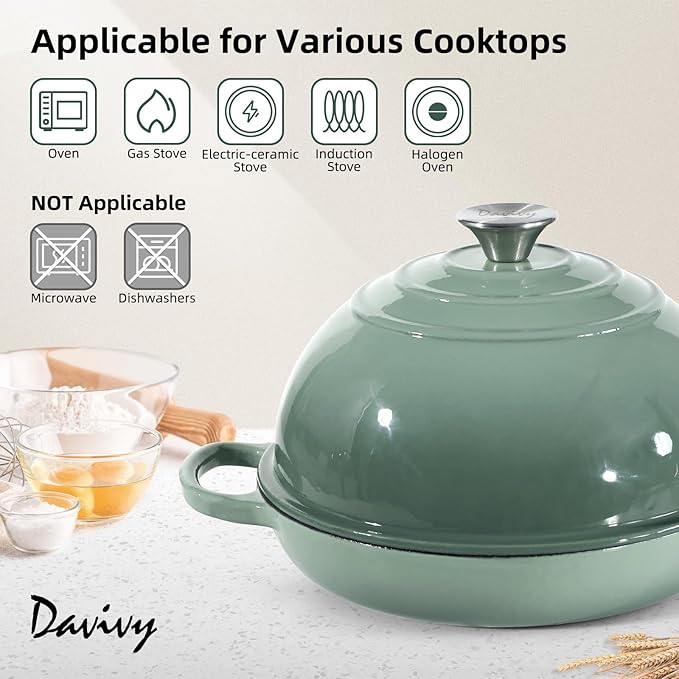 Davivy 5.5QT Sourdough Dutch Oven with Domed Lid, 10" Round Bread Dutch Oven, Enameled Cast Iron Bread Oven, Bread Oven for Sourdough - Sea Salt Green