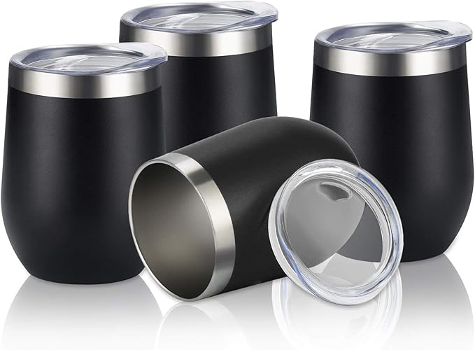 Lifecapido 4 Pack 12Oz Stainless Steel Stemless Wine Glasses, Insulated Wine Tumbler, Stainless Steel Wine Tumbler Cups with Lids and Straws for Coffee, Cocktails, Wine, Champaign, Black…