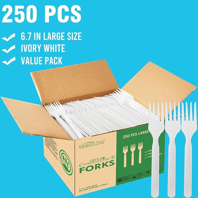 Compostable Forks 250 Count, 7 In Large Disposable Biodegradable Flatware, Eco Friendly Durable Heat Resistant Alternative Cutlery Eating Utensils Silverware to Plastic Forks, BPI Certified