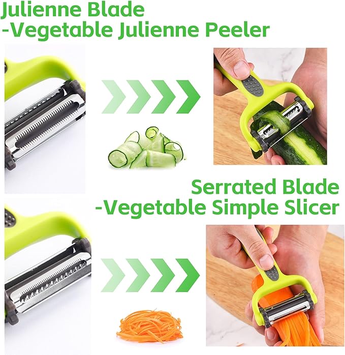 3 in 1 Vegetable Peeler for Kitchen, Potato Apple Peelers for Fruit Carrot Zucchini Cucumber Veggie, Y Vegetable Peeler 3 in 1 Serrated Blade and Standard Blades Spin Design, Anti-Slip Handle