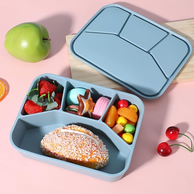 2 Pack Silicone Bento Boxes, 4 Compartment LeakProof Lunch Container, 42 OZ Unbreakable Meal Prep Food Storage Container, Food-Grade Divided Lunch Box for Adult Kid, BPA Free, Oven Dishwasher Safe
