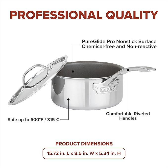 Viking PureGlide Pro 3-Ply Nonstick Sauce Pan, Made without PFAS, 3-Quart Induction Cooking Pot with Lid, Metal Utensil Safe Titanium Nonstick Surface, Oven Safe to 600F