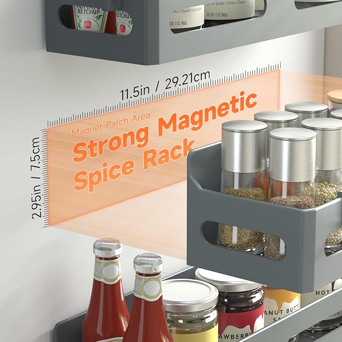 4 Pack Magnetic Spice Rack for Refrigerator, Spice Rack Organizer, Moveable Magnetic Shelf Fridge Organizer with 4 Hooks for Kitchen and Oven Organization, Grey