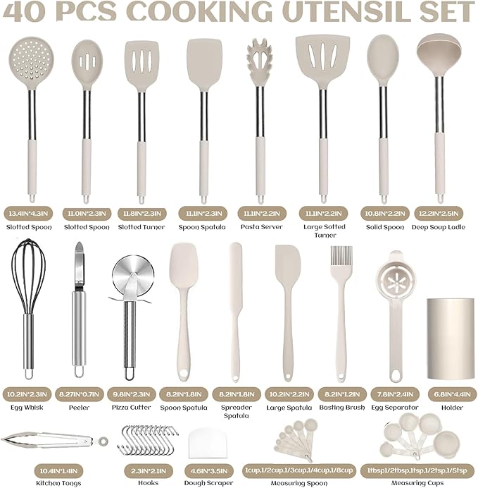 Silicone Cooking Utensils Set Utensil: 40 Pcs Black Stainless Steel Cookware Set, Nonstick Silicone Cooking Utensils Set, (Khaki)