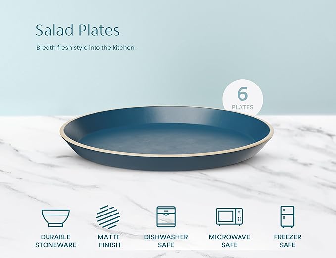 KooK Dinner Plates, Ceramic Round Kitchen Dinnerware Set, Dishwasher & Microwave Safe, Stoneware, High Edge, 7.5 Inch, Set of 6, Navy