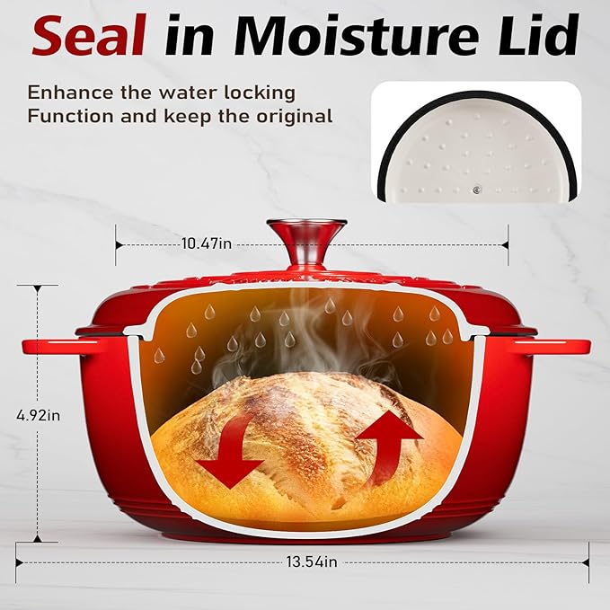 Umite Chef 6QT Enameled Cast Iron Dutch Oven with Lid, Versatile Heavy-Duty Cookware Pot for Baking Bread, Braising, Soups & Stews, Oven & Stovetop Safe with Heat Resistant Gloves（Red）