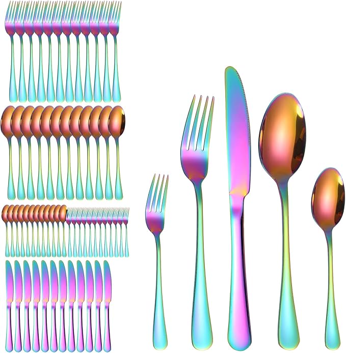 Rainbow Silverware Set for 12 Colored Flatware 60 Pieces Stainless Steel Cutlery Colorful Spoon Fork Knife Kitchen Utensils Restaurant Festival Parties Everyday Use