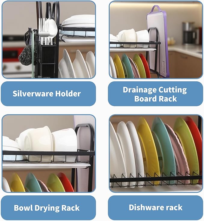 2 Tier Dish Drying Racks with Drain Tray,Stainless Steel Dish Racks for Kitchen Counter,Kitchen Sink Organizer for Dishes,Utensils& Fork Knives,Cutting Boards Storage