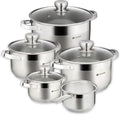 Daniks Standard 9-Piece Stainless Steel Induction Cookware Set, Saucepan, Dishwasher Safe Pots, Measuring Scale, Glass Lids, For Soup, Pasta, Stew, Silver