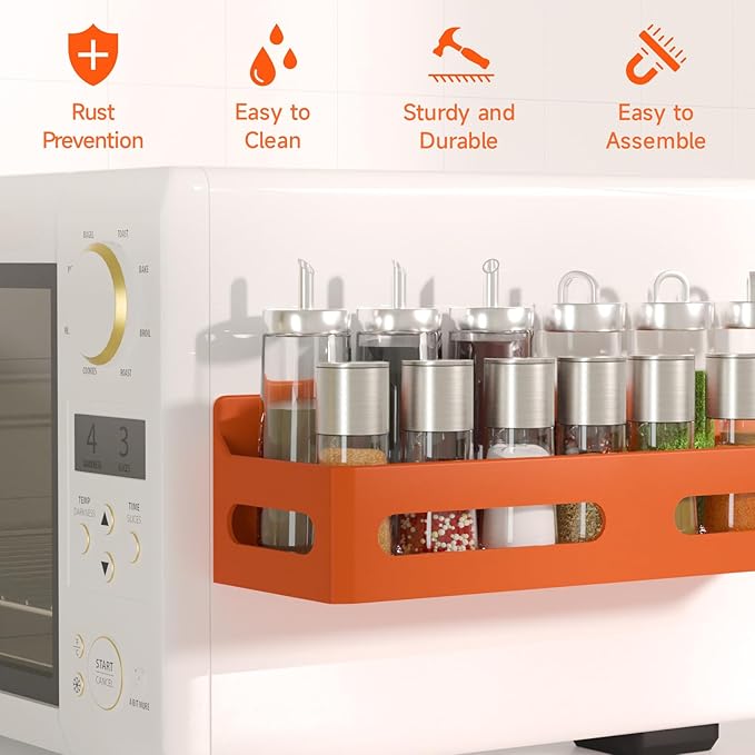 4 Pack Magnetic Spice Rack for Refrigerator, Spice Rack Organizer, Moveable Magnetic Shelf Fridge Organizer with 4 Hooks for Kitchen and Oven Organization, Orange