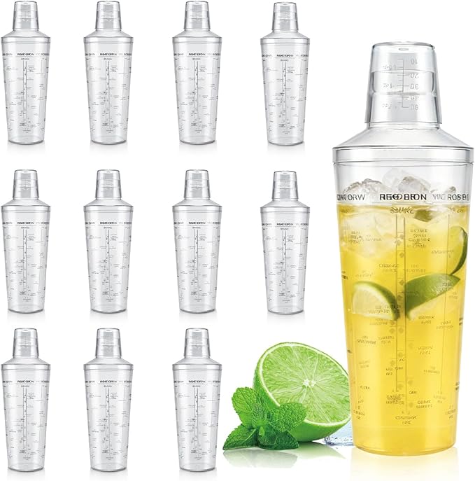 Plastic Boston Cocktail Shaker Set, 12 pack 18oz Shatterproof Bartender Kit with Built-in Strainer Lids, Travel Bar Tools for Beginners, Mixing Martinis, Margaritas (530ML, 12 pack)