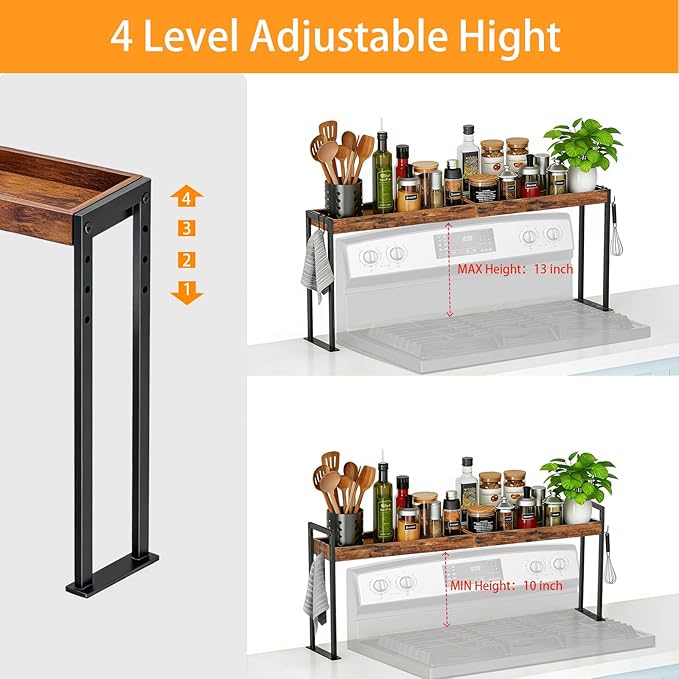 Spice Rack Shelf for Kitchen Stove, Over The Stove Shelf with 4 Level Adjustable Height, Over Stove Spice Rack with 4 Hooks, Black