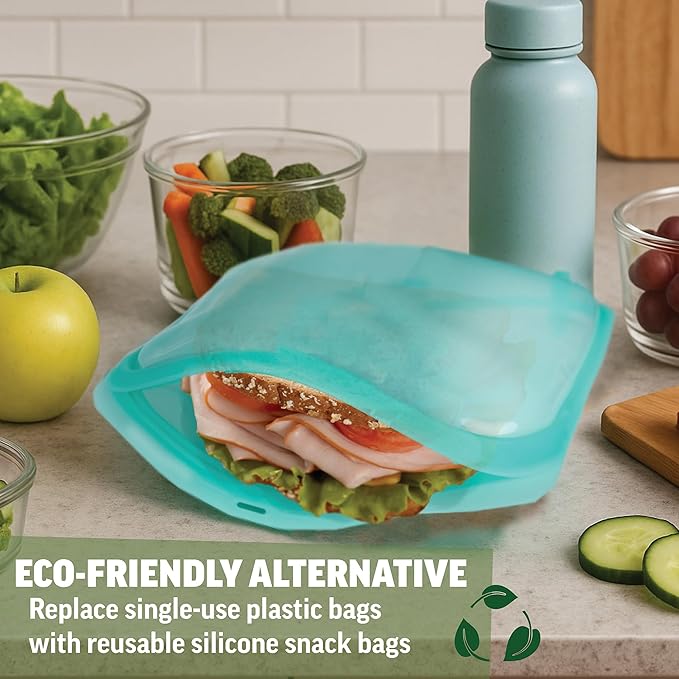 Zenlogy Reusable Silicone Snack Bag, Air-Tight Multi-Use, Freezer and Microwave Safe Food Storage Containers, Eco-Friendly alternative to plastic bags 4 Pack (1 Snack, 2 Sandwich, 1 Half Gallon Size)