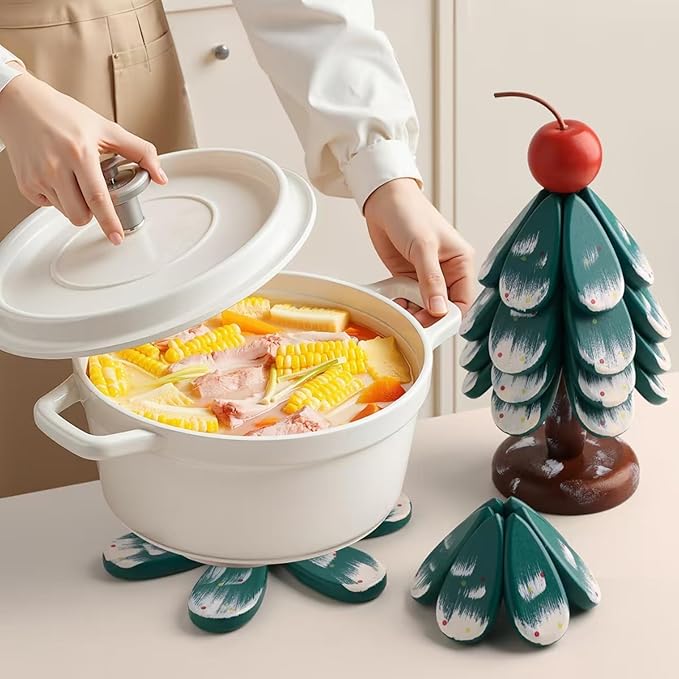 Christmas Tree Trivet,Wooden Tree Trivet Set of 4 Wooden Trivets & 1 Stand Like a Christmas Tree, Foldable Kitchen Wooden,for Hot Dishes Pot Bowl Teapot Hot Pot Holder (Cherry 3pair)