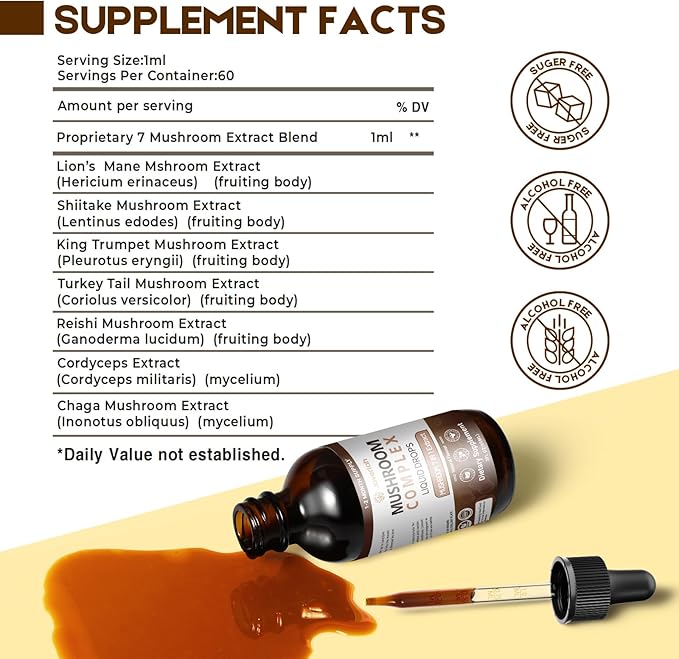 Mushroom Complex Liquid Drops Supplement with Lion's Mane, Shiitake, King Trumpet, Turkey Tail, Reishi, Cordyceps & Chaga,7 in 1 Mushrooms Complex Blend Tincture 4 fl oz 2 Pack