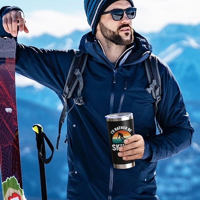 Lifecapido Ski Gifts, I'd Rather Be Skiing 20oz Insulated Tumbler, Christmas gift Skier Skiing Gifts for Skiers, Black