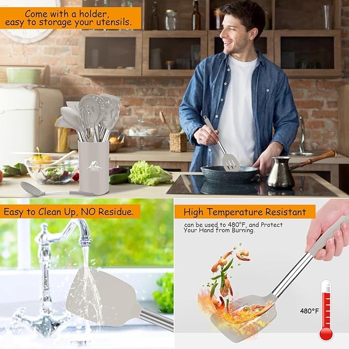 Silicone Kitchen Cooking Utensil Set, Silicone Kitchen Spatula Utensils Set with Stainless Steel Handle,Non-stick Heat Resistant - Best Kitchen Cookware Set-(Khaki)