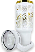 Christian Tumbler 40oz Stainless Steel Insulated Cup with Straw & Handle – Scripture Design Featuring Names of Jesus (Savior, Redeemer, Prince of Peace, Light of the World) (Jesus)