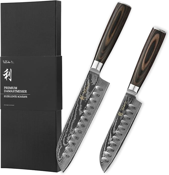 Wakoli EDIB 2-Piece Damascus Kitchen Knife Set – Santoku & Small Santoku with VG10 Core made of 67-Layer Damascus Steel Blades – Professional Chef Knives with Ergonomic Pakkawood Handles in Gift Box