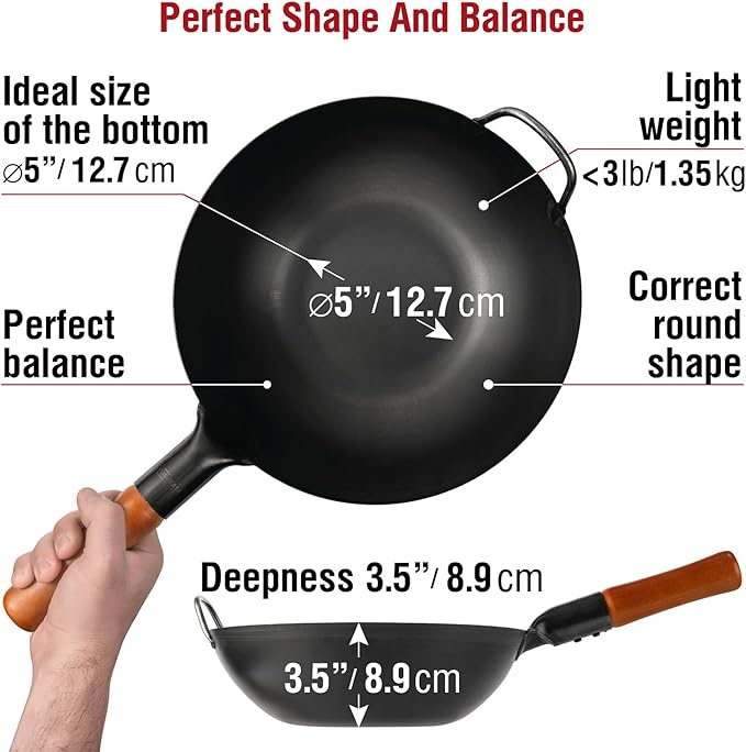 YOSUKATA Carbon Steel Wok Pan – 11,8 “ Woks and Stir Fry Pans + Wok Lid 11.4 In - Premium Stainless Wok Cover with Tempered Glass Insert Steam Holes and Ergonomic Handle
