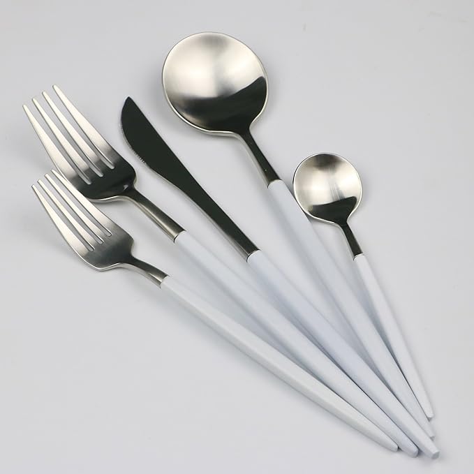 Customized 20-Piece 18/10 Stainless Steel Flatware Set, Serive for 4, With Fork Spoons Knife Teaspoon Dessert Fork for Home Kitchen Restaurant Hotel (White + Silver)