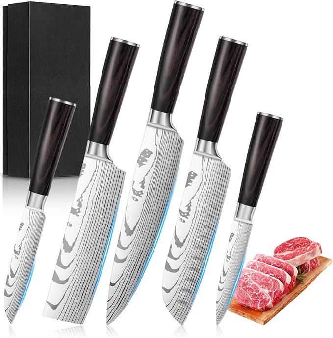 5-Piece Premium Japanese Kitchen Knife Set - Imperial Collection, Laser Damascus Pattern, 440A Stainless Steel Ultra Sharp for Fast Cutting (Redwood 5A)