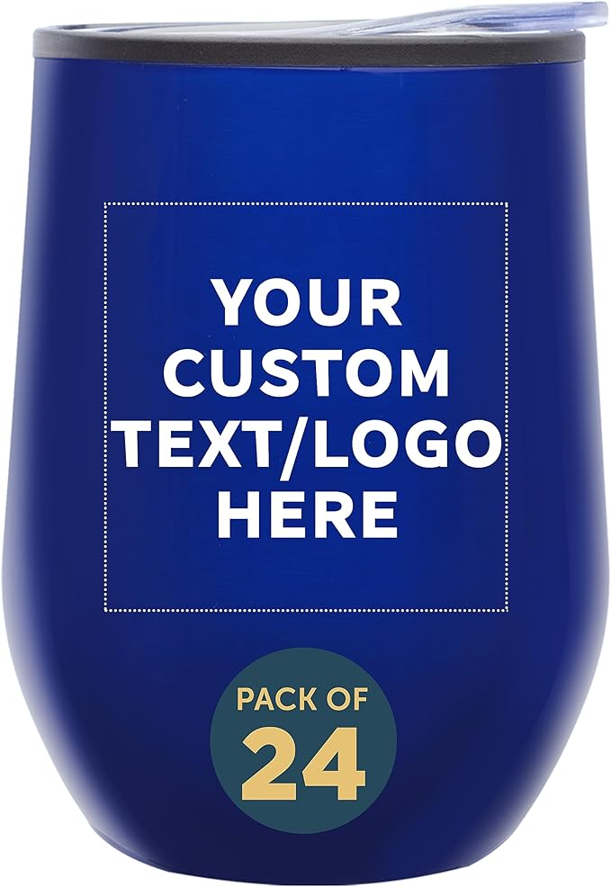 Custom Stemless Wine Tumblers 12 oz. Set of 24, Personalized Bulk Pack - Insulated, Perfect for Wine, Cocktails, Other Hot & Cold Beverages - Blue