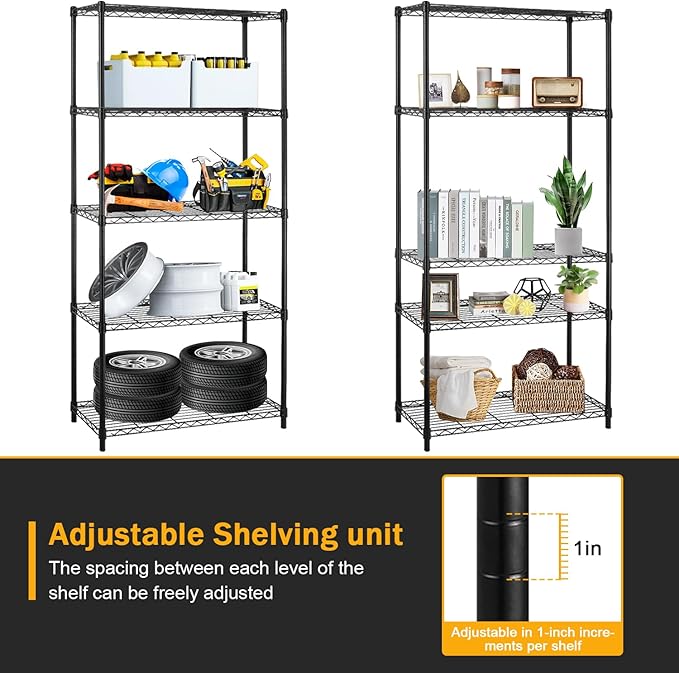 5-Shelf Metal Shelving Adjustable 1250Lbs Capacity, Storage Shelves for Garage Laundry Bathroom Kitchen Pantry Closet, NSF Certified Steel Organizer Wire Rack,Black, 72" H x 14" D x36 W