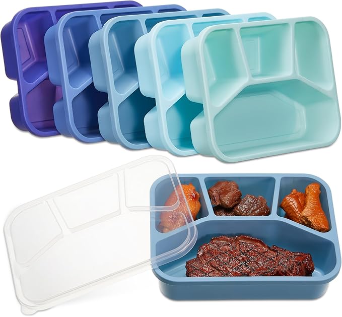Honeydak 5 Pack Snack Containers 4 Compartment Bento Snack Boxes Reusable Lunchable Containers with Lids Divided Meal Prep Lunch Food Storage Box for School Work Travel(Blue Ombre,Mixed)